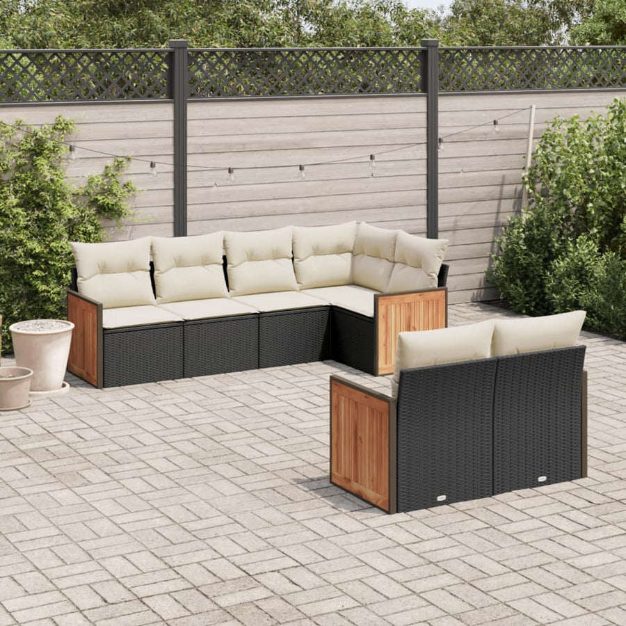 Set Canapele De Grădină Cu Perne, 7 Piese, Negru, Poliratan