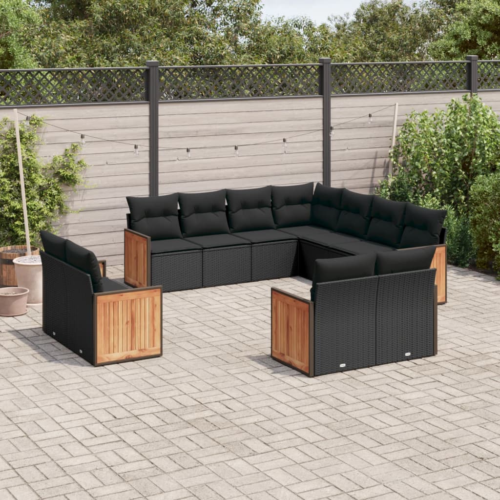 Set Canapele De Grădină Cu Perne, 11 Piese, Negru, Poliratan