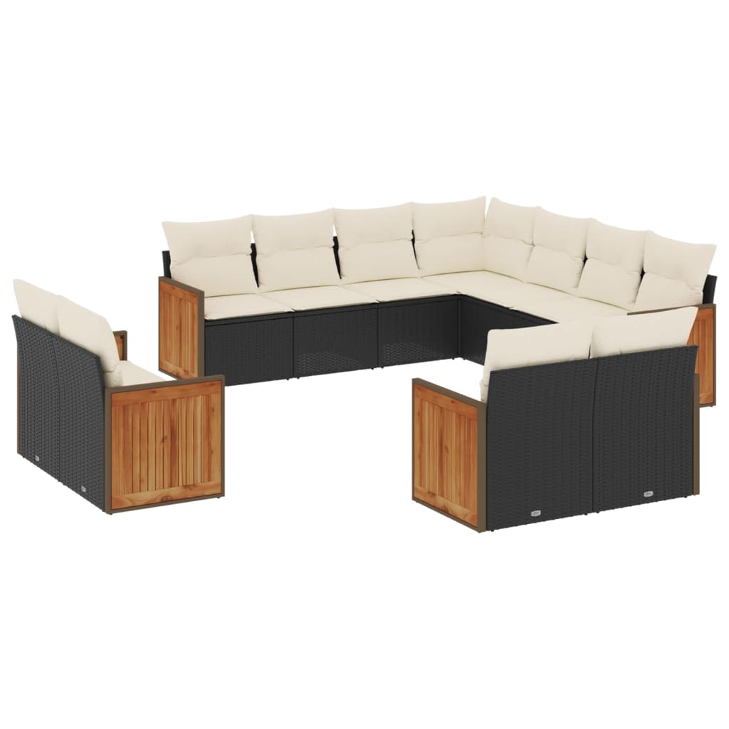Set Canapele De Grădină Cu Perne, 11 Piese, Negru, Poliratan