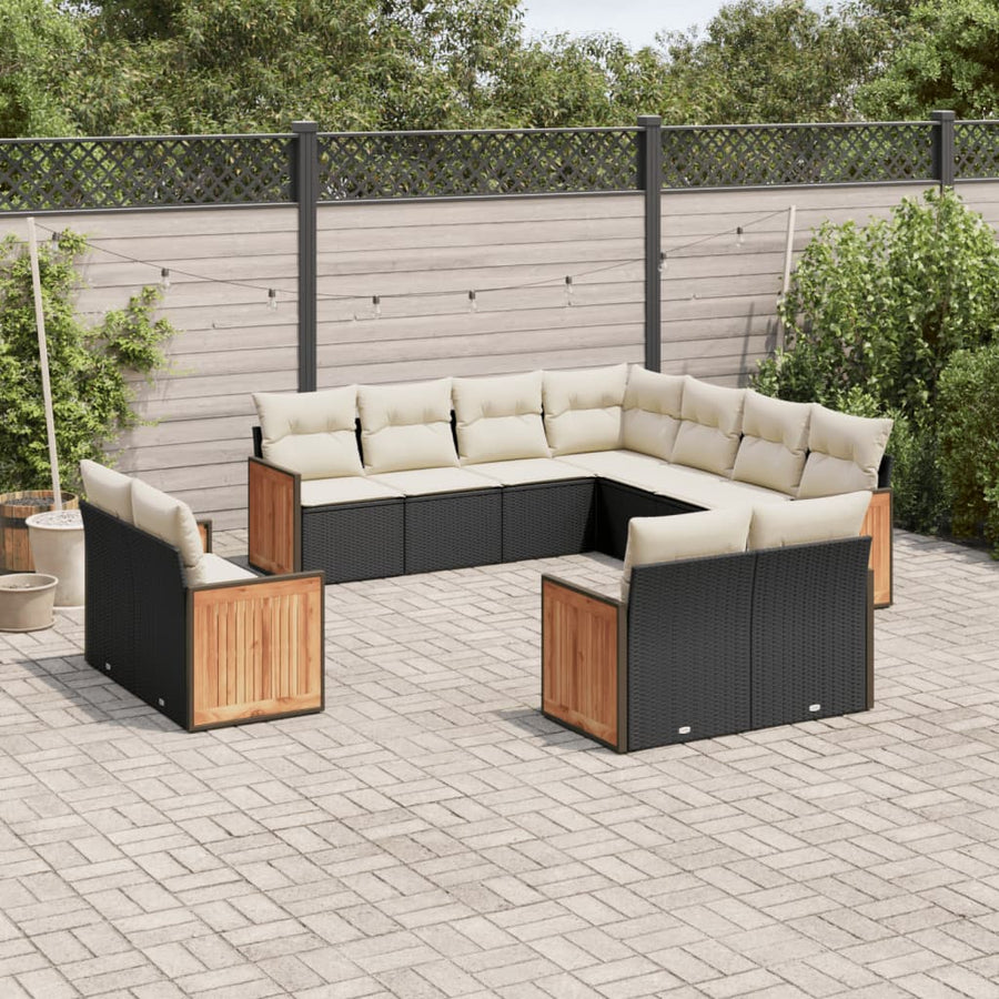 Set Canapele De Grădină Cu Perne, 11 Piese, Negru, Poliratan
