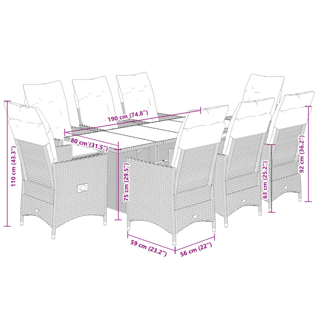 Set De Masă Pentru Grădină, 9 Piese, Cu Perne, Bej, Poliratan