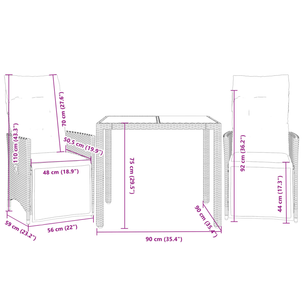 Set Bistro Cu Perne, 3 Piese, Negru, Poliratan