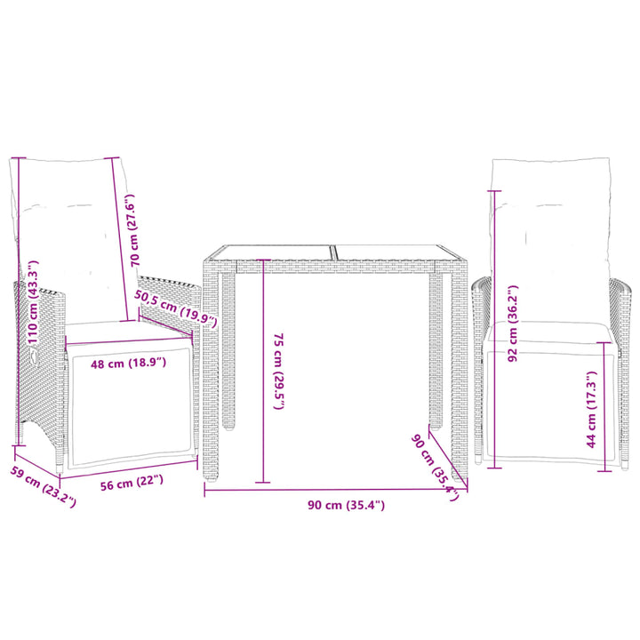 Set Bistro Cu Perne, 3 Piese, Negru, Poliratan
