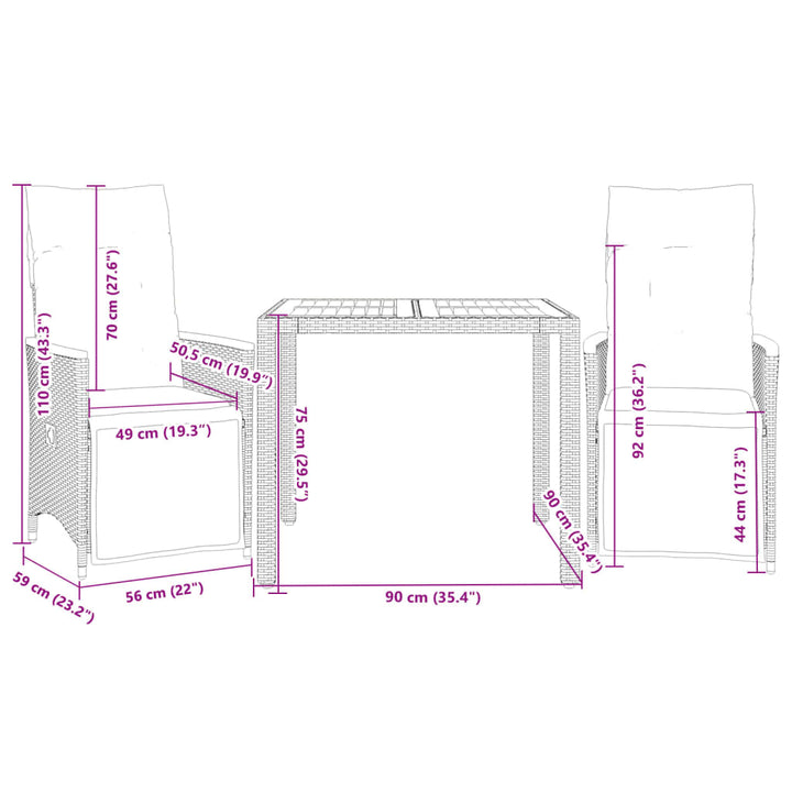 Set Bistro De Grădină Cu Perne, 3 Piese, Negru, Poliratan