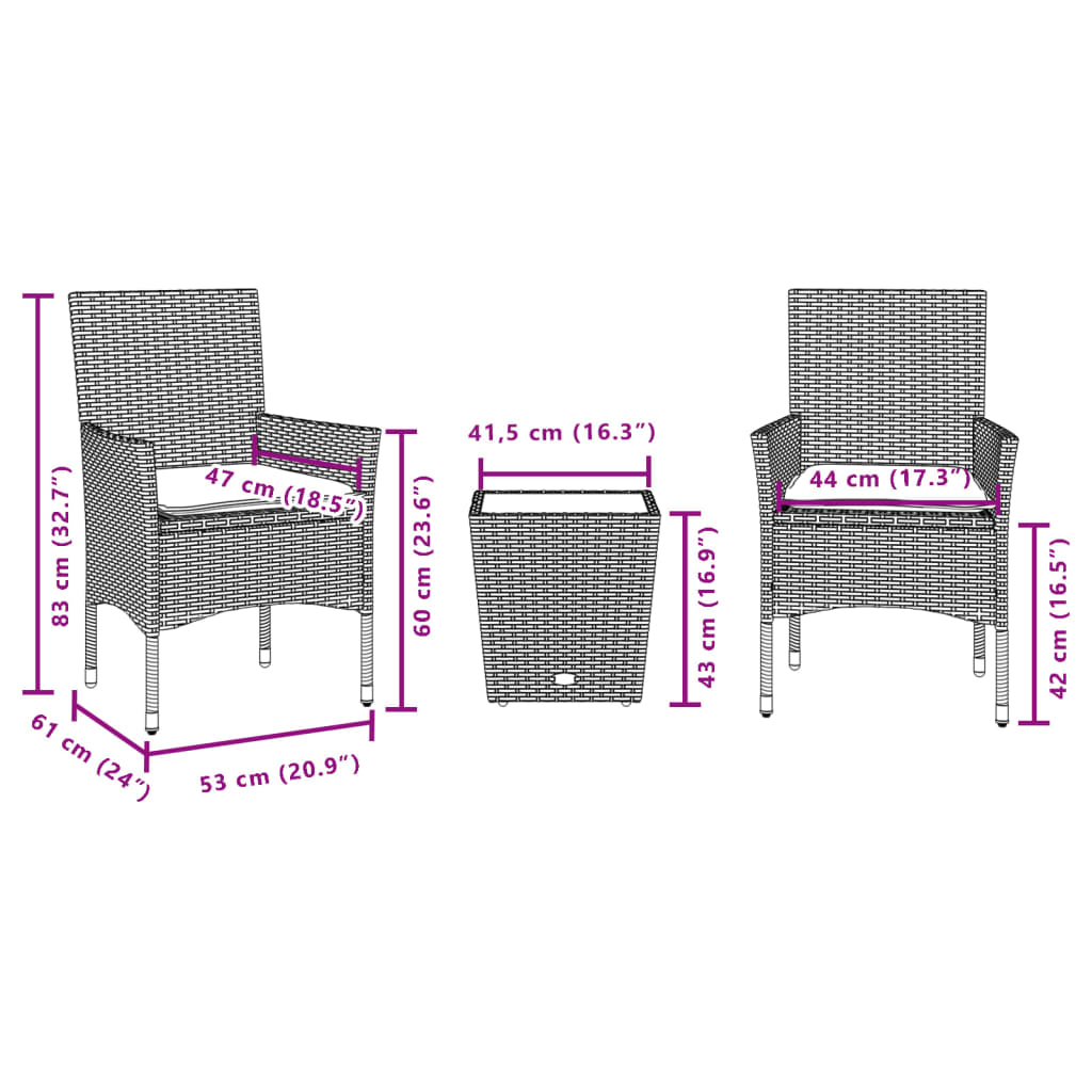 Set Bistro Cu Perne, 3 Piese, , Poliratan Și Sticlă