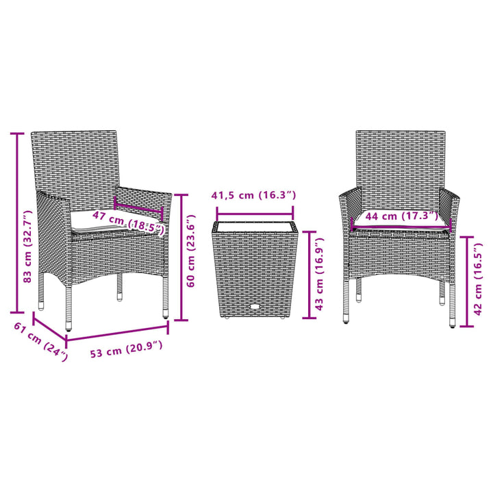 Set Bistro Cu Perne, 3 Piese, , Poliratan Și Sticlă