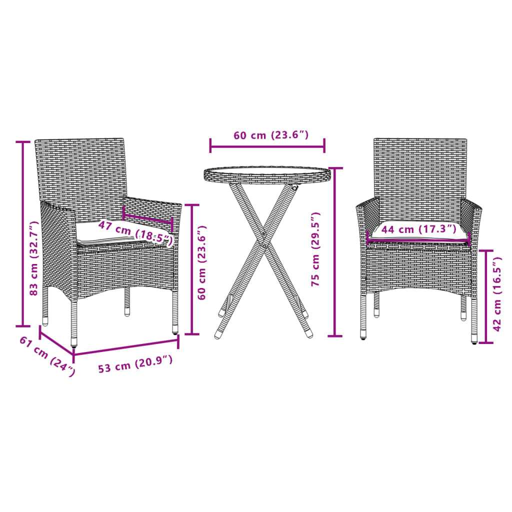 Set Bistro Cu Perne, 3 Piese, , Poliratan Și Sticlă