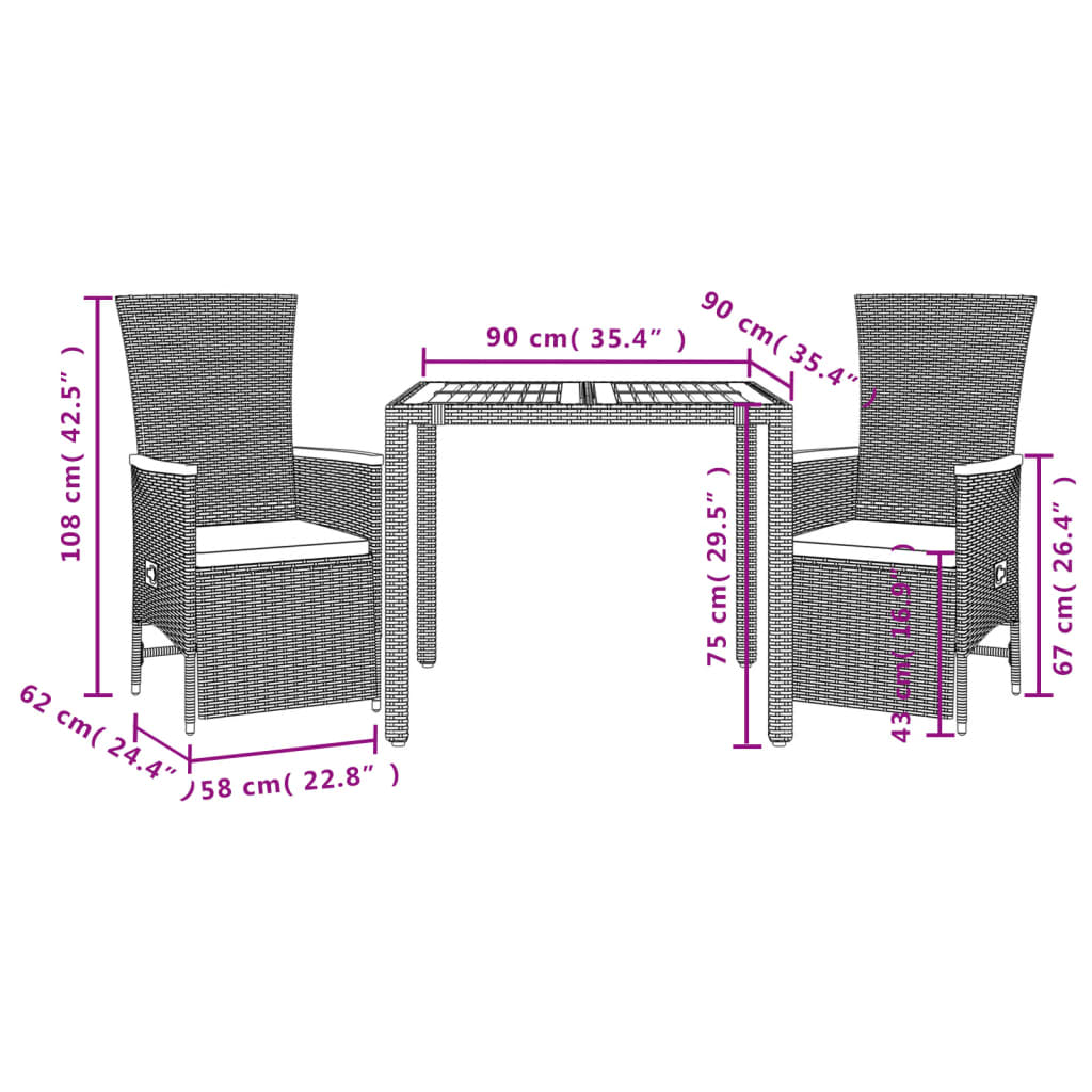 Set Mobilier De Grădină Cu Perne, 3 Piese, Negru, Poliratan