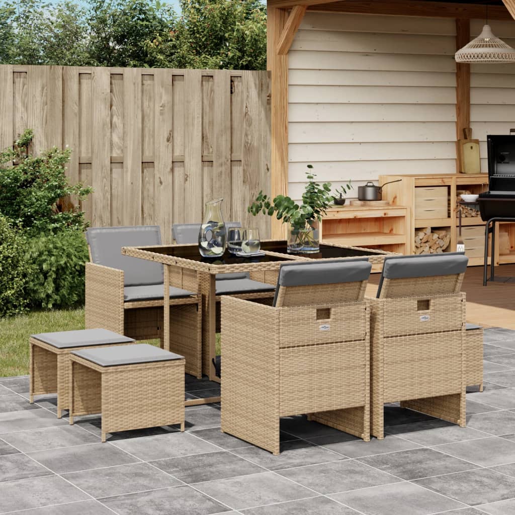 Set Mobilier Grădină Cu Perne, 9 Piese, , Poliratan