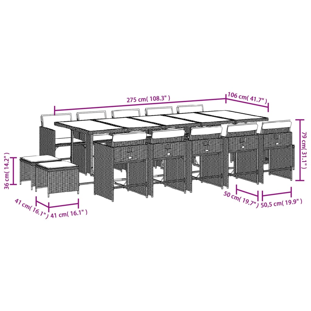 Set Mobilier De Grădină Cu Perne, 15 Piese, Negru, Poliratan