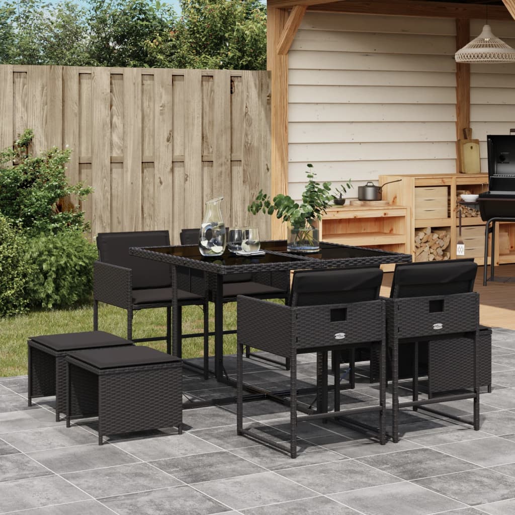 Set Mobilier De Exterior Cu Perne, 11 Piese, Negru, Poliratan