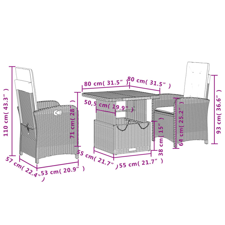 Set Mobilier De Grădină Cu Perne, 3 Piese, Gri, Poliratan