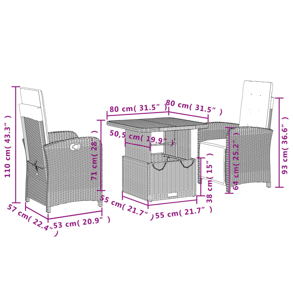 Set Mobilier De Grădină Cu Perne, 3 Piese, Negru, Poliratan
