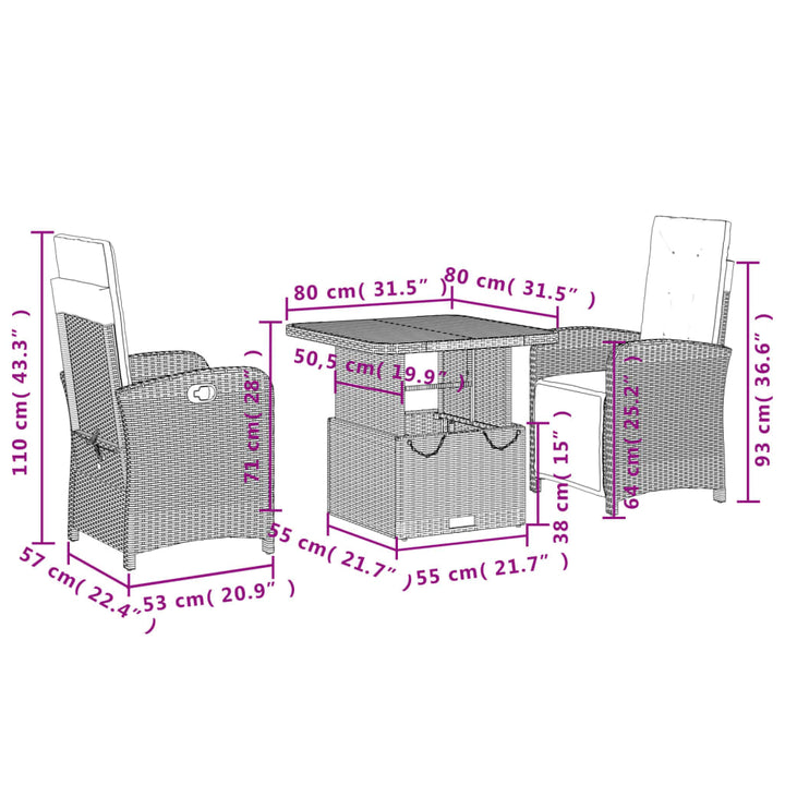 Set Mobilier De Grădină Cu Perne, 3 Piese, Negru, Poliratan
