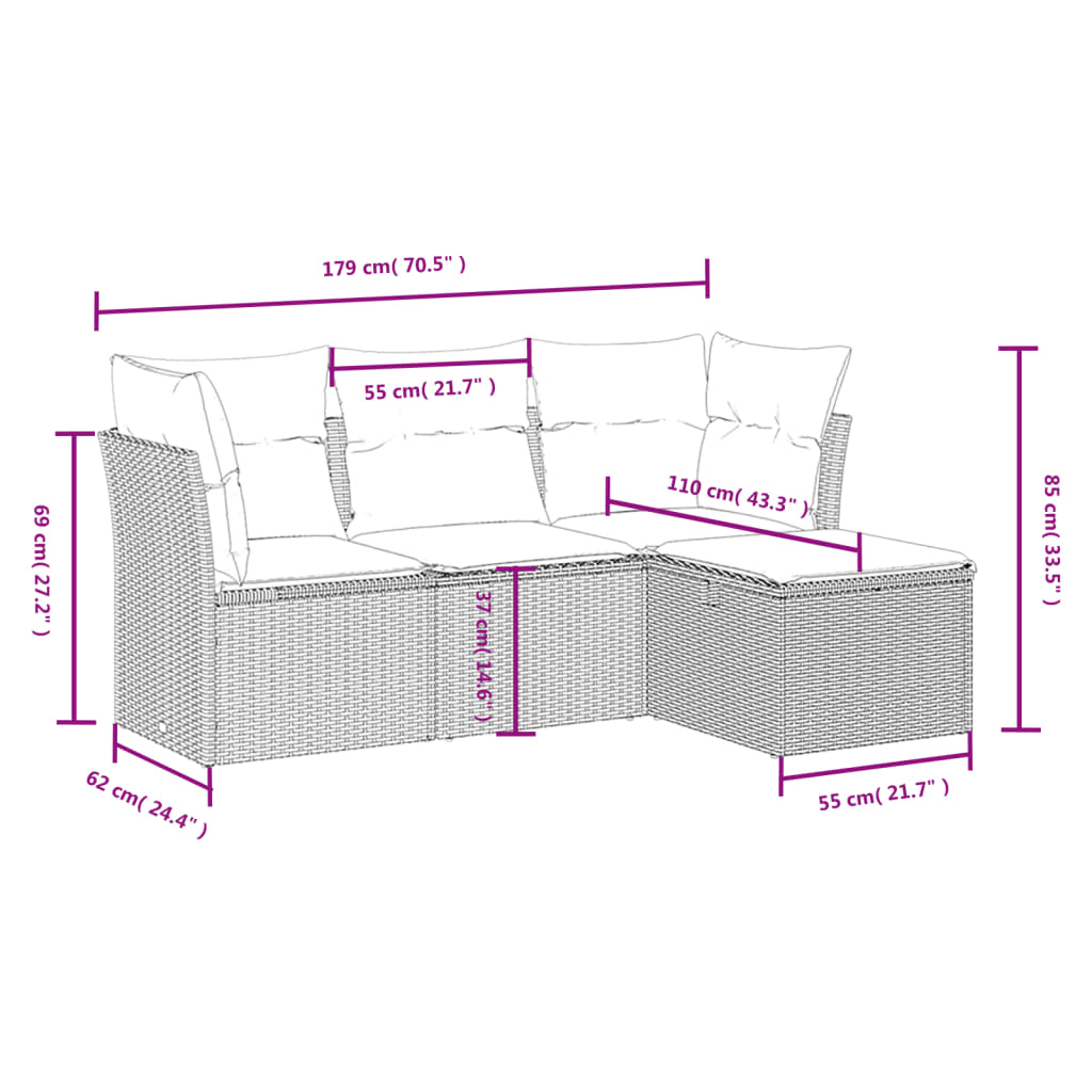 Set Mobilier De Grădină Cu Perne, 4 Piese, Negru, Poliratan