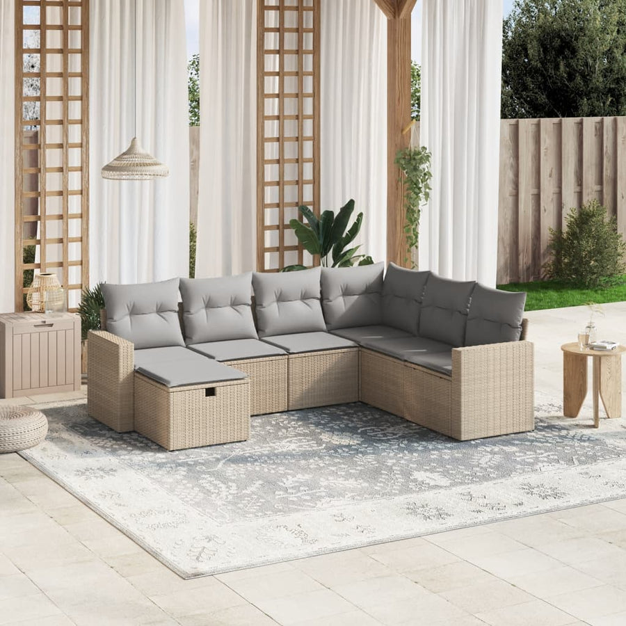 Set Canapele De Grădină, 7 Piese, Cu Perne, Bej, Poliratan