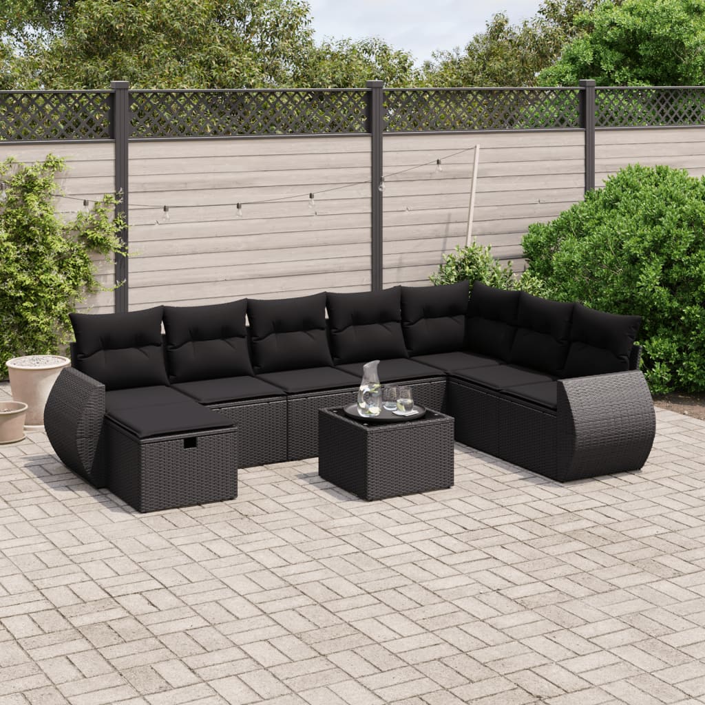 Set Mobilier De Grădină Cu Perne, 9 Piese, Negru, Poliratan