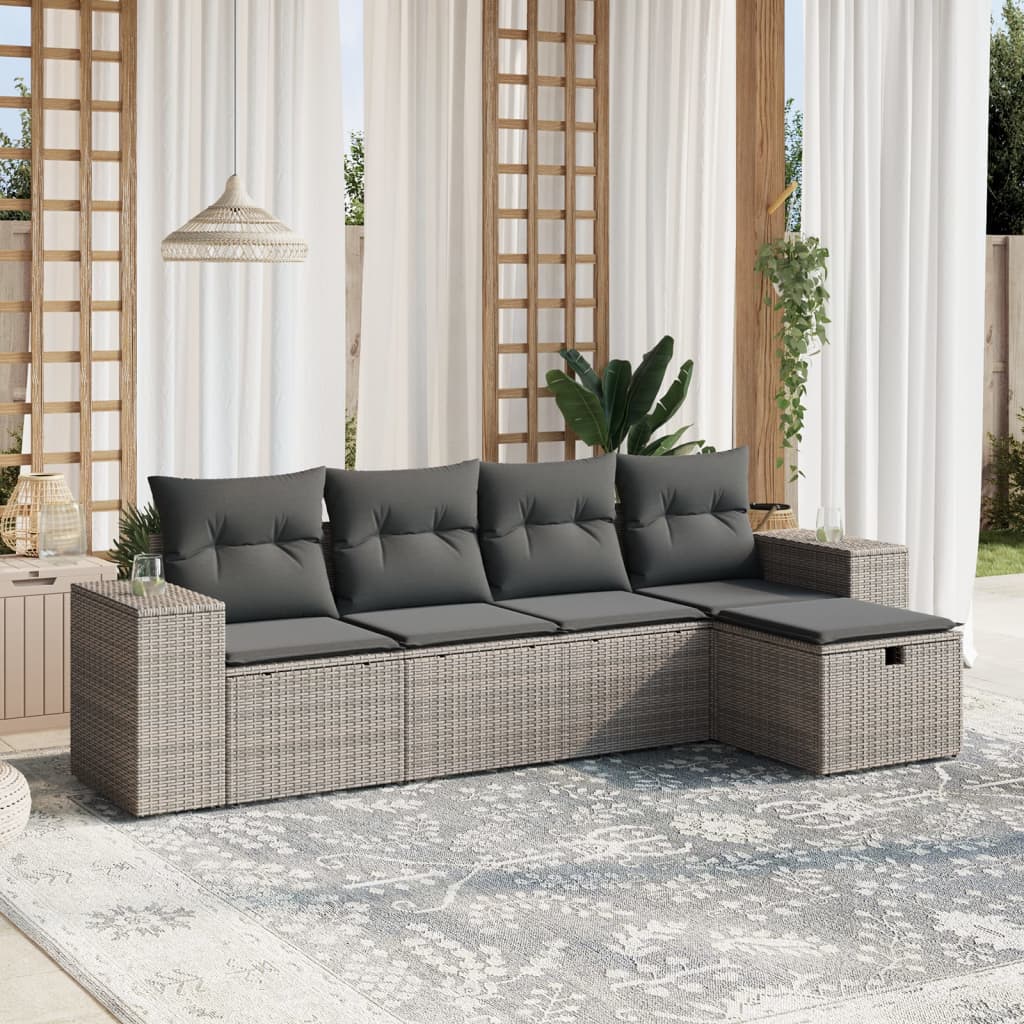 Set Canapele De Grădină Cu Perne, 5 Piese, Maro, Poliratan