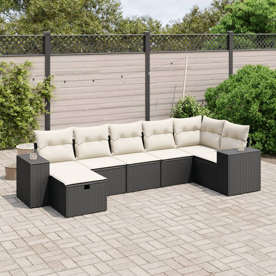 Set Canapele De Grădină Cu Perne, 7 Piese, Negru, Poliratan