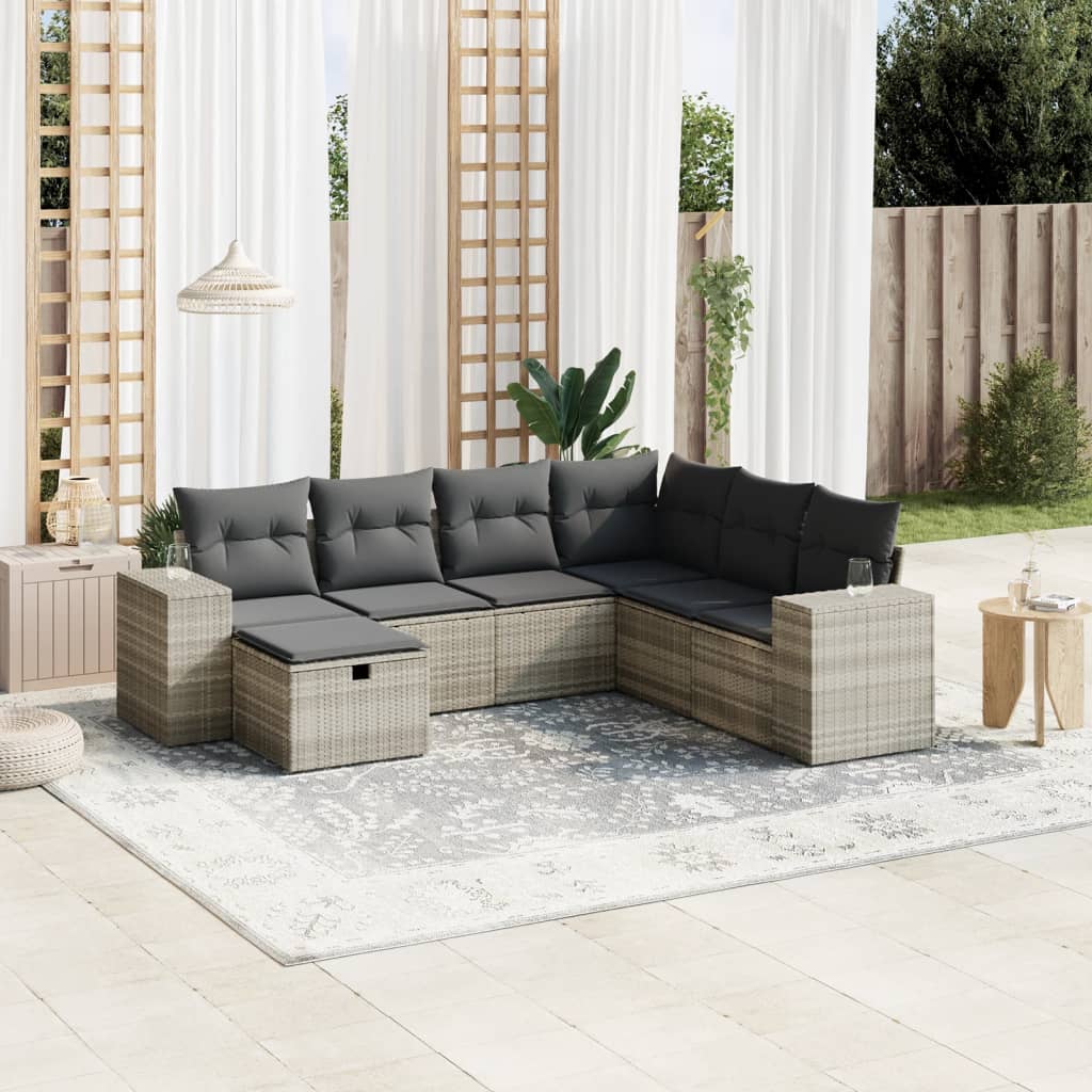 Set Canapele De Grădină Cu Perne, 7 Piese, Negru, Poliratan
