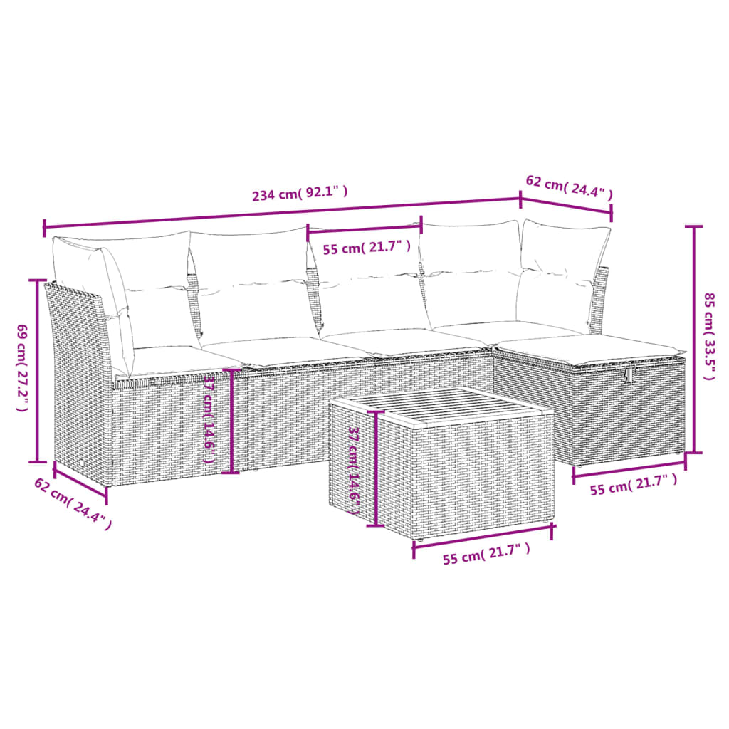 Set Mobilier Grădină Cu Perne, 6 Piese, , Poliratan