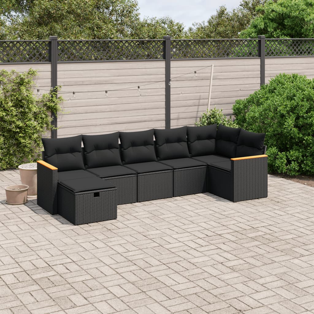 Set Canapele De Grădină Cu Perne, 7 Piese, Negru, Poliratan