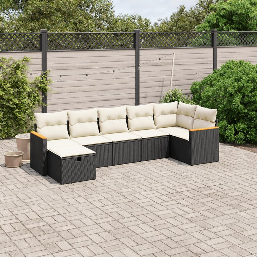 Set Canapele De Grădină Cu Perne, 7 Piese, Negru, Poliratan