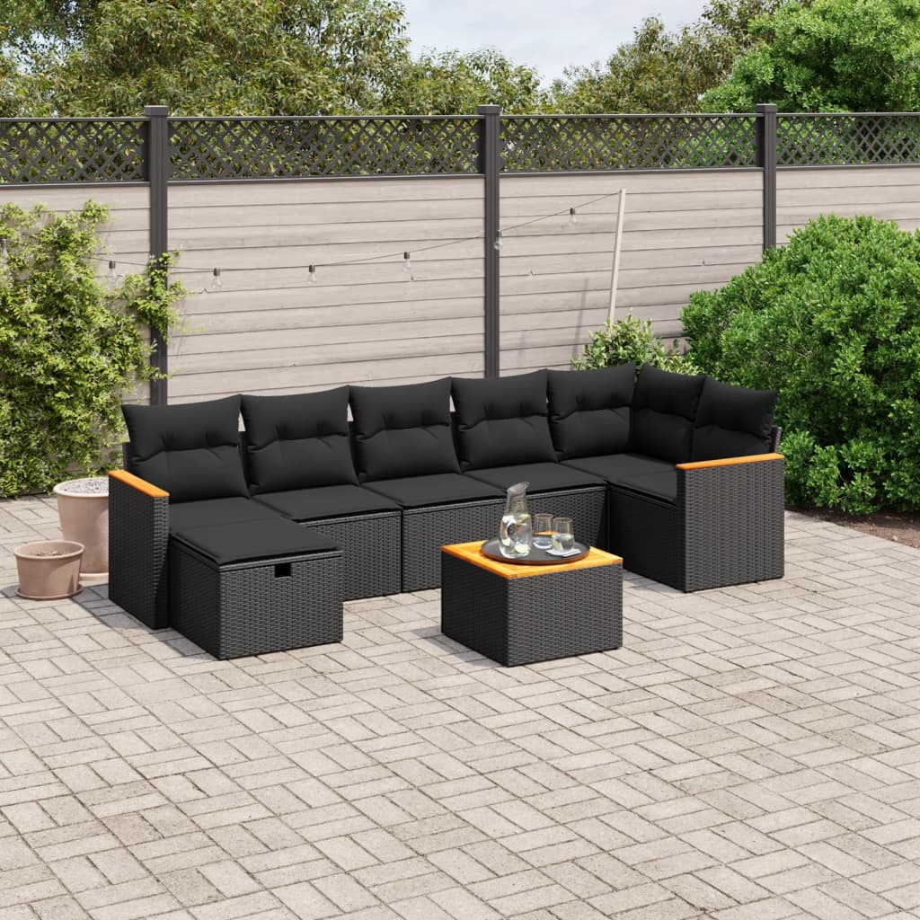 Set Canapele De Grădină Cu Perne, 7 Piese, Negru, Poliratan