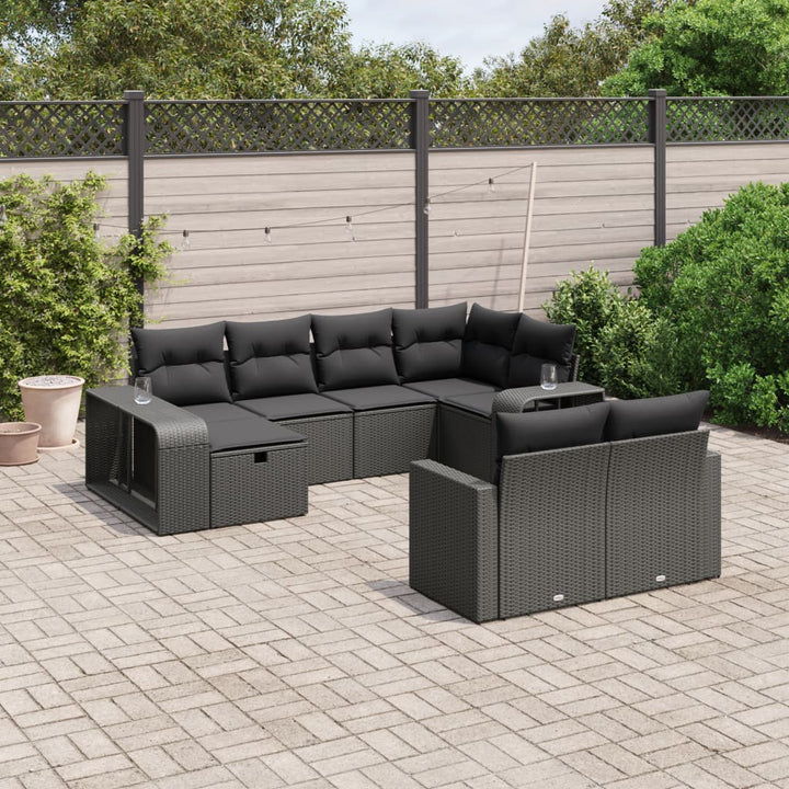 Set Canapele De Grădină Cu Perne, 10 Piese, Negru, Poliratan