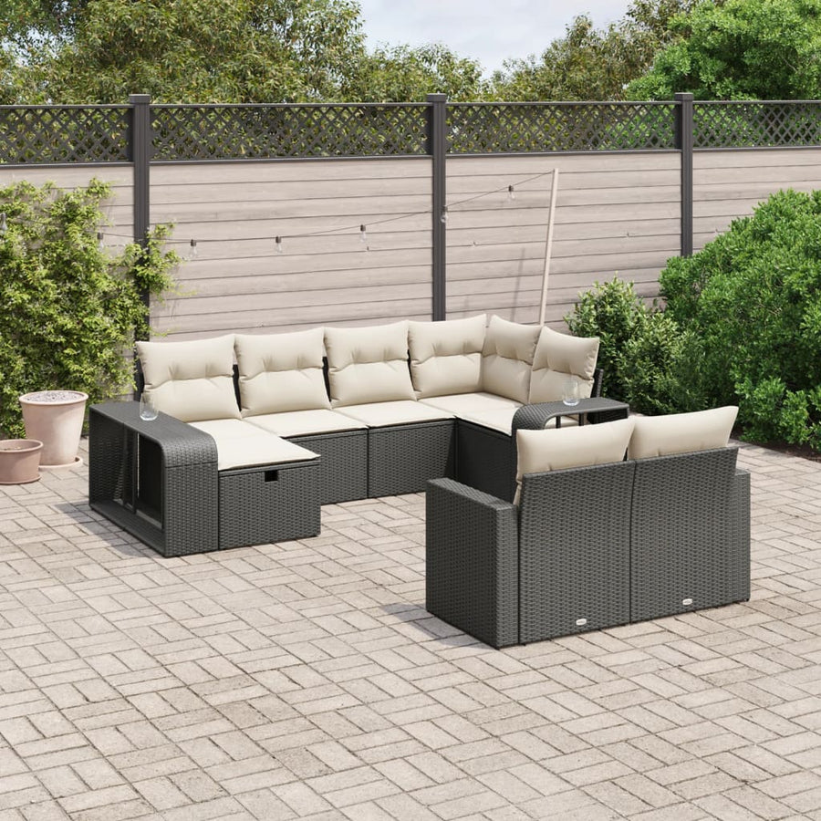 Set Canapele De Grădină Cu Perne, 10 Piese, Negru, Poliratan