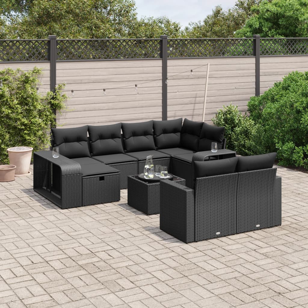 Set Canapele De Grădină Cu Perne, 10 Piese, Negru, Poliratan