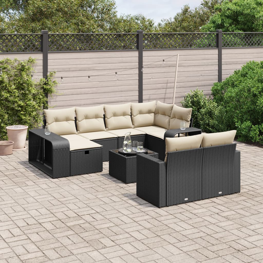 Set Canapele De Grădină Cu Perne, 10 Piese, Negru, Poliratan
