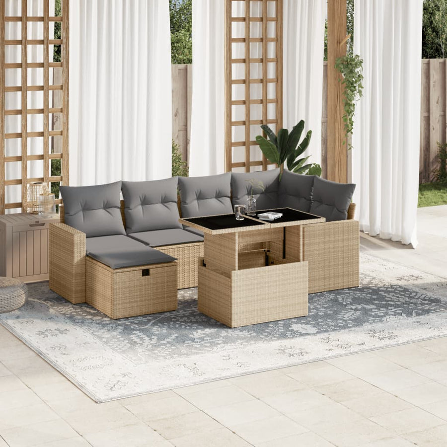 Set Canapele De Grădină, 7 Piese, Cu Perne, Bej, Poliratan