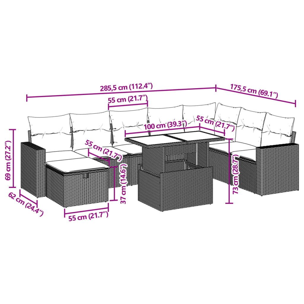 Set Mobilier De Grădină Cu Perne, 9 Piese, , Poliratan