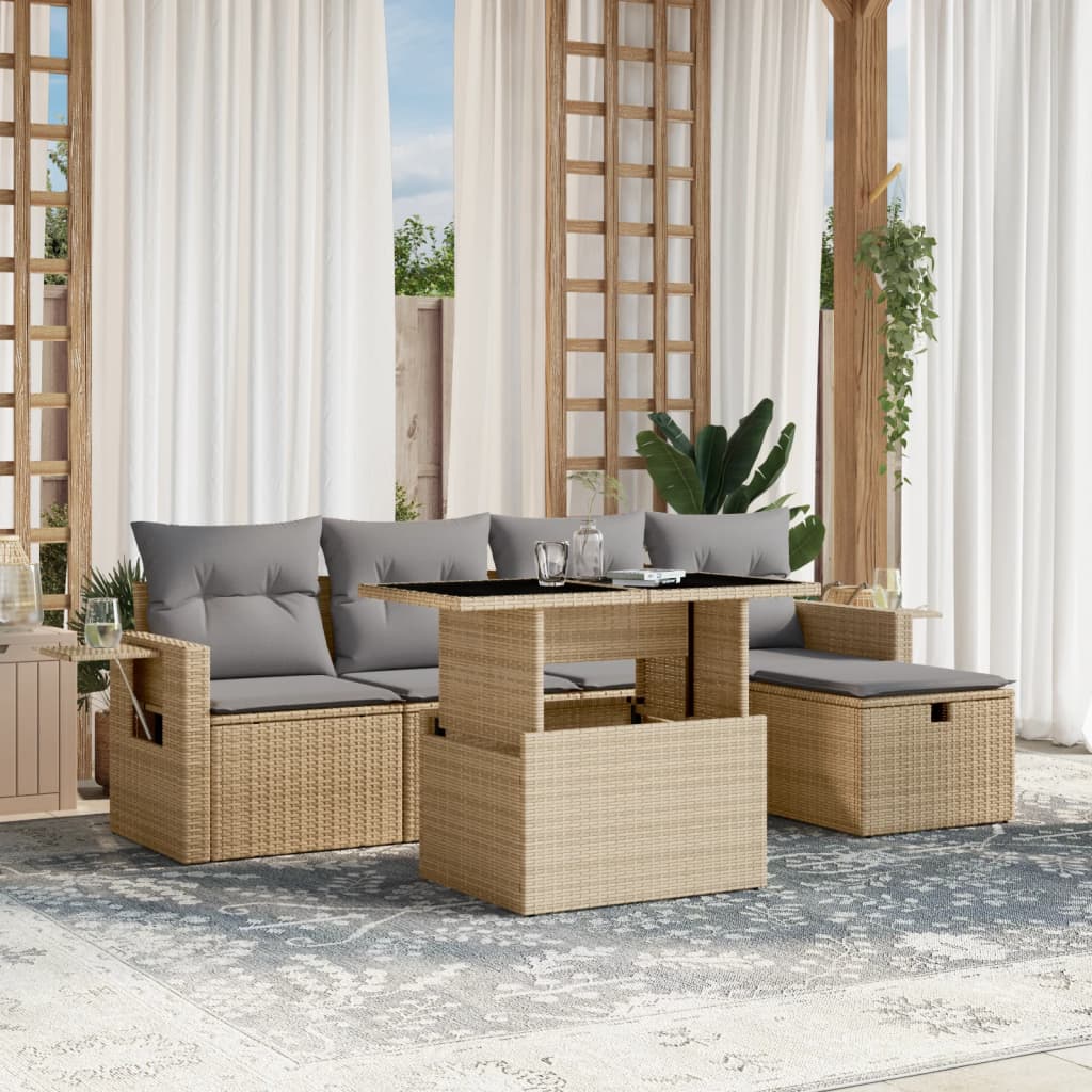 Set Canapele De Grădină Cu Perne, 6 Piese, Bej, Poliratan