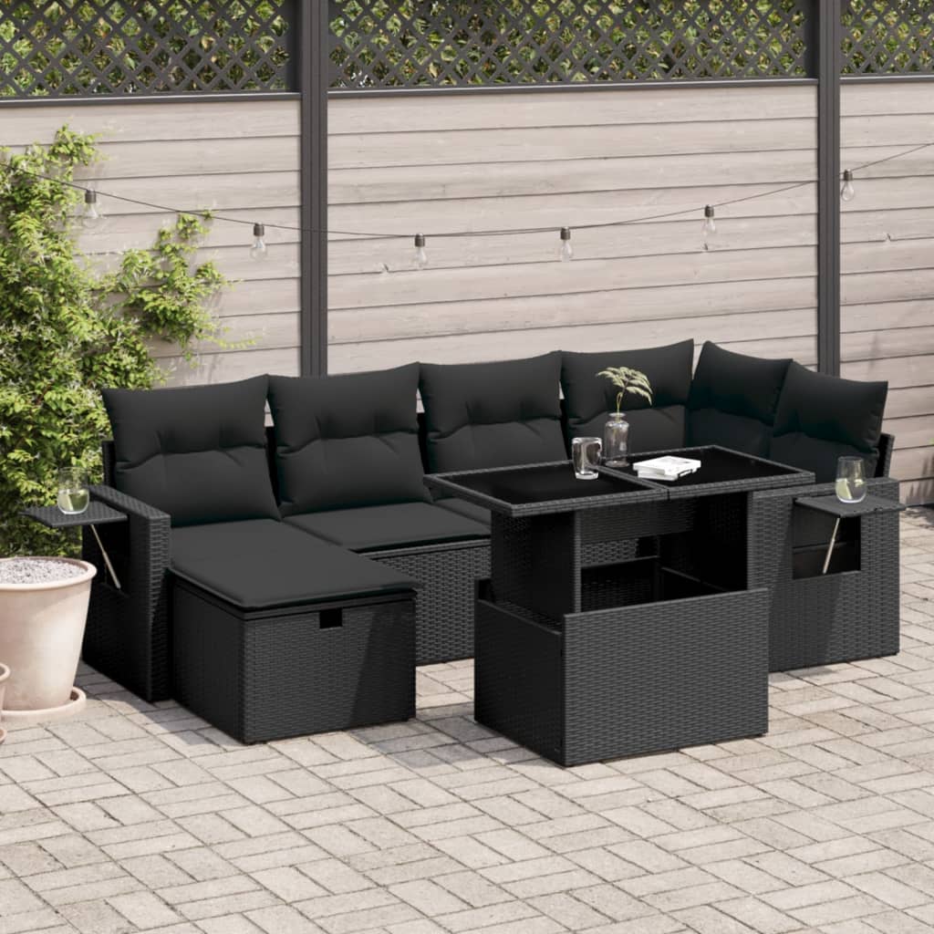 Set Canapele De Grădină Cu Perne, 7 Piese, Negru, Poliratan