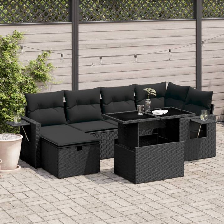 Set Canapele De Grădină Cu Perne, 7 Piese, Negru, Poliratan