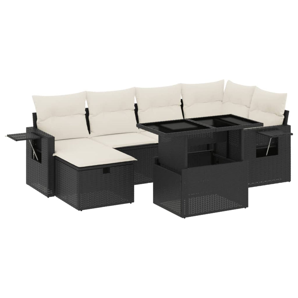 Set Canapele De Grădină Cu Perne, 7 Piese, Negru, Poliratan
