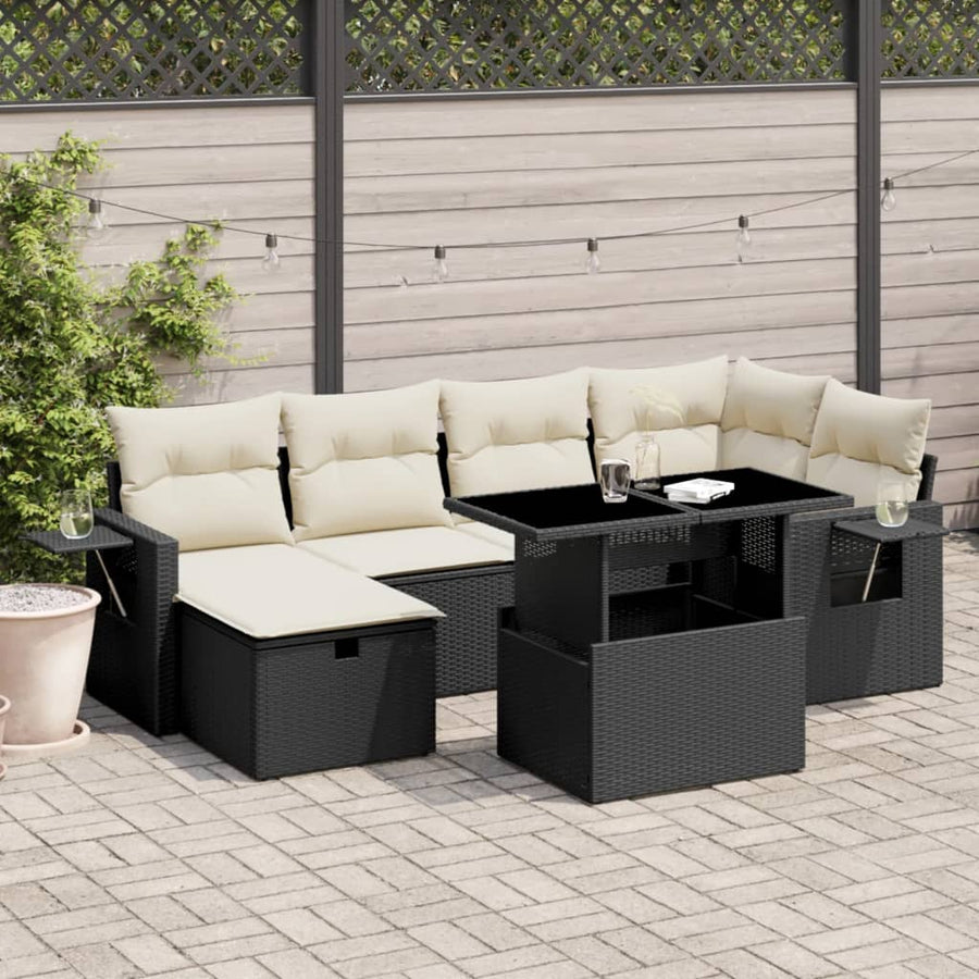 Set Canapele De Grădină Cu Perne, 7 Piese, Negru, Poliratan