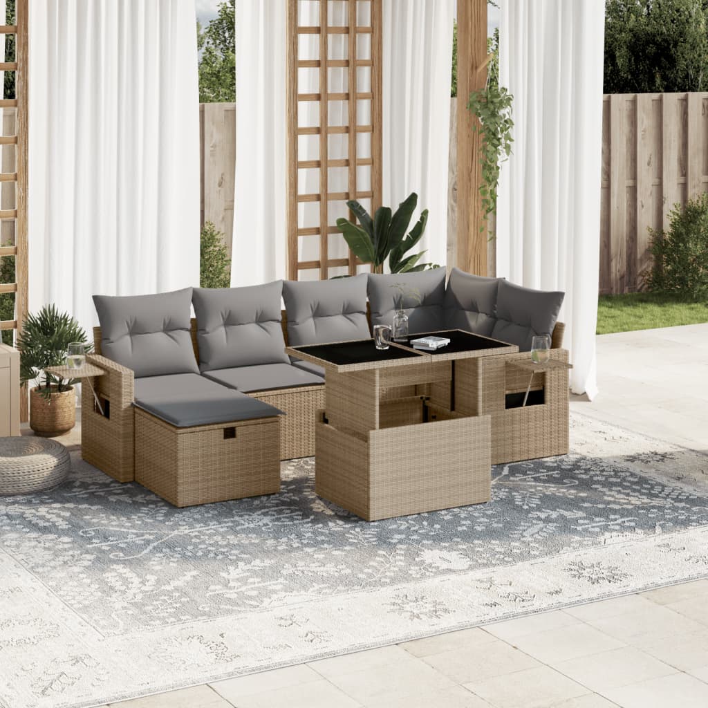 Set Canapele De Grădină Cu Perne, 7 Piese, Negru, Poliratan