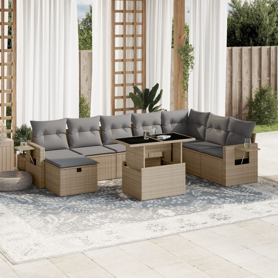 Set Canapele De Grădină, 9 Piese, Cu Perne, Bej, Poliratan