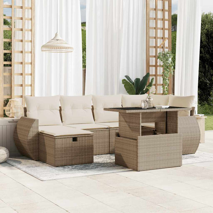 Set Canapele De Grădină, 7 Piese, Cu Perne, Bej, Poliratan