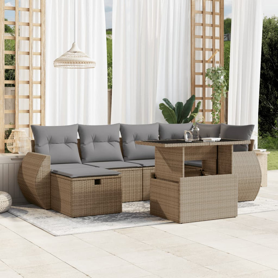 Set Canapele De Grădină, 7 Piese, Cu Perne, Bej, Poliratan