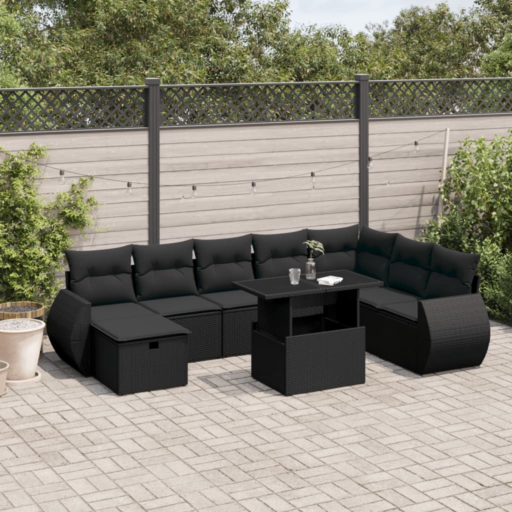 Set Mobilier De Grădină Cu Perne, 9 Piese, Negru, Poliratan