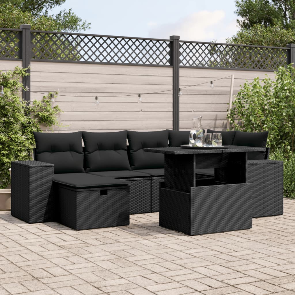 Set Canapele De Grădină Cu Perne, 7 Piese, Negru, Poliratan