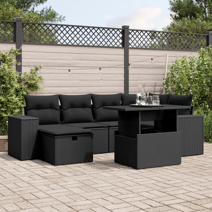 Set Canapele De Grădină Cu Perne, 7 Piese, Negru, Poliratan