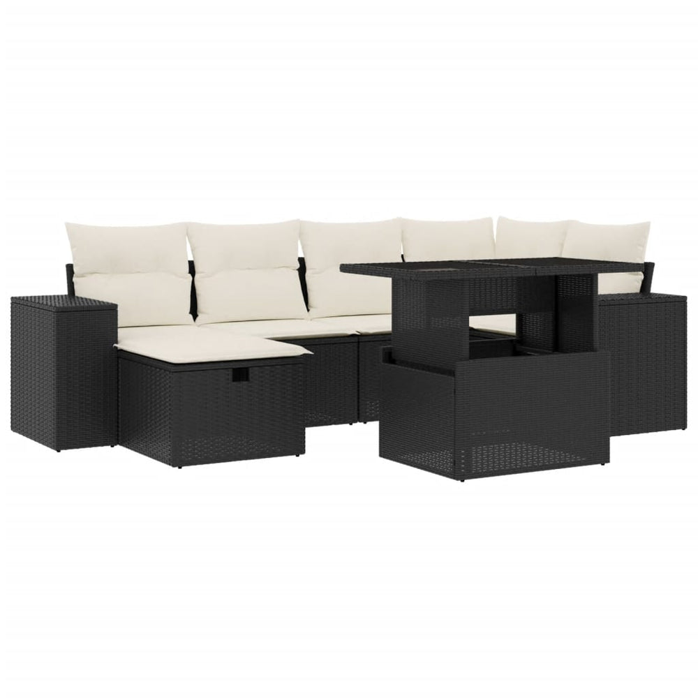 Set Canapele De Grădină Cu Perne, 7 Piese, Negru, Poliratan