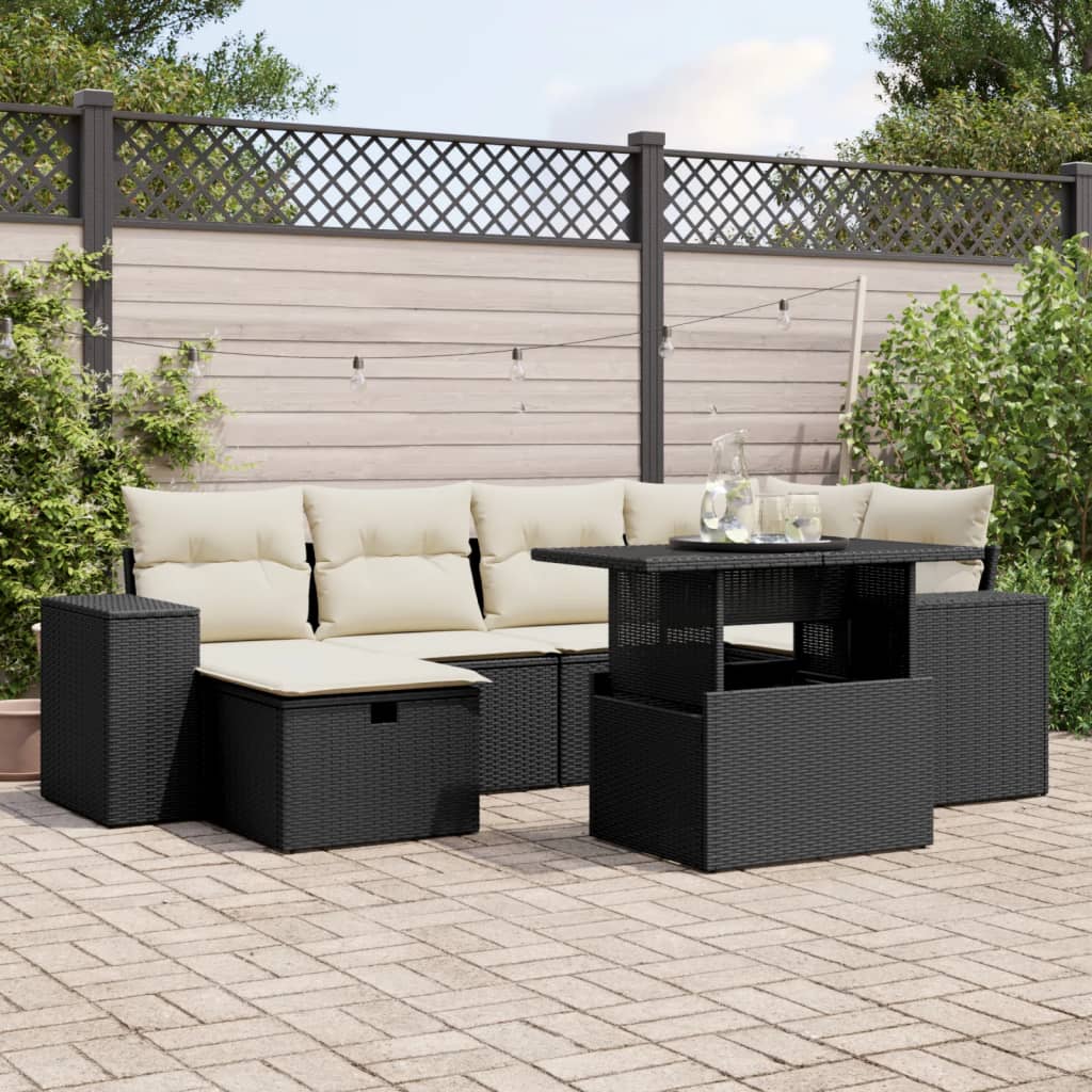 Set Canapele De Grădină Cu Perne, 7 Piese, Negru, Poliratan