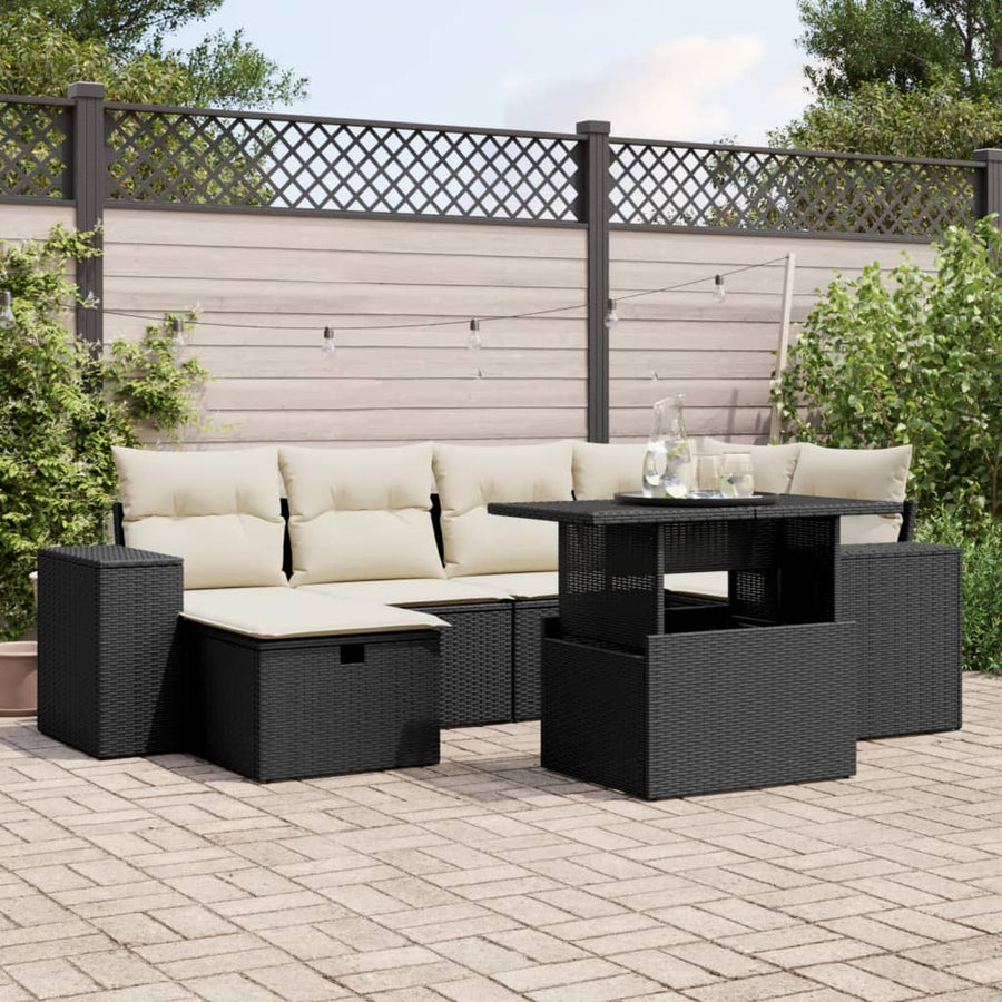 Set Canapele De Grădină Cu Perne, 7 Piese, Negru, Poliratan