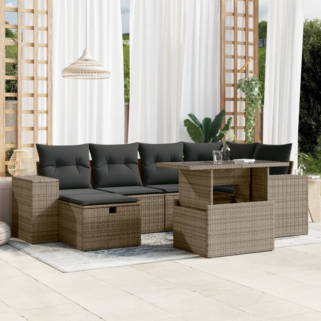 Set Canapele De Grădină Cu Perne, 7 Piese, Negru, Poliratan